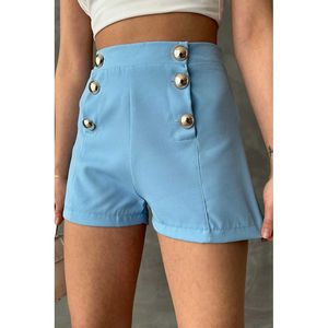 Shorts de Mujer Topshow Azules con Botones Decorativos, 100% Poliéster, Venta al Por Mayor, Ideales para Ropa Casual de Verano y Pedidos al Por Mayor - Product Image 1