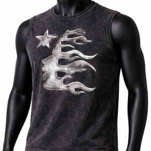 Camiseta sin mangas para hombre con lavado ácido, gráfico de llamas metálicas, estilo streetwear, vintage, lavada, oversize, tipo muscle, chaleco de algodón personalizado - Product Image 3