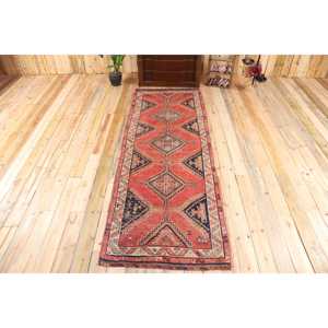 3.3x9.4 ft Rug, Turkish Vintage Rug, <b>Red</b> Blue Abstract <b>Wool</b> Rug - Product Image 1