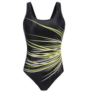 Maillot de bain une pièce noir pour femmes avec imprimé vague abstraite vert néon et blanc pour la natation, les vêtements de plage et les activités en piscine - Product Image 1