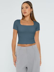 Tops cortos básicos de verano para mujer, camisetas de punto de manga corta con cuello cuadrado, Camisetas básicas con patrón bonito y sólido para salir - Product Image 5