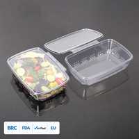 Boîte jetable en PET avec bande de déchirement 23*15*5.5cm, conception antivol pour l'emballage de salades, fruits, pâtisseries, snacks, plats cuisinés, desserts