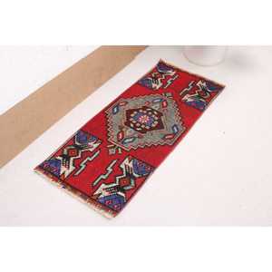 1.3x3 ft Small Vintage Rug, Turkish Rug, <b>Red</b> Blue Solid <b>Wool</b> Rug - Product Image 4