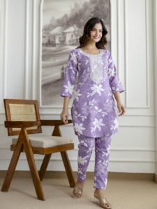 Trendmalls Femme Coton Slub Magic Imprimé Kurta Pantalon Broderie Cou Travail Kurta Ensemble (E65-LightPurple) - Product Image 4
