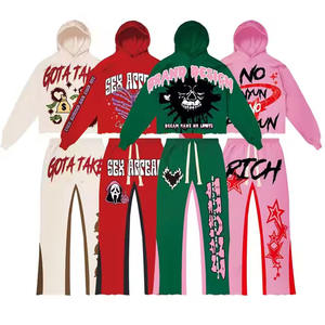 Usine bas prix strass lavage à l'acide Streetwear survêtement sérigraphie jogging vintage sweats à capuche et pantalon ensemble pour hommes - Product Image 6