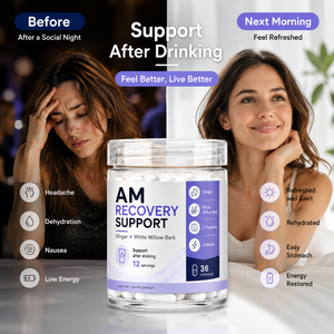 Cápsulas de Apoyo para la Recuperación <span class=keywords><strong>AM</strong></span> con Jengibre, Corteza de Sauce Blanco, L-Teanina, Cafeína, Suplemento para el Alivio de la Resaca Post-Consumo de Alcohol - Product Image 1