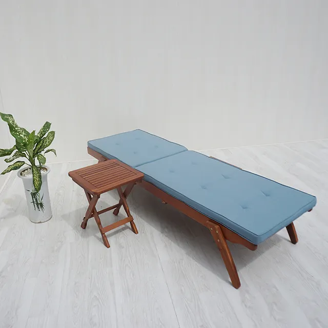 Modern Teak Color Sun Lounger For Outdoor Furniture Project With Cushion Grey Blue