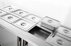 Refrigerador de barra de ensalada de acero inoxidable At a Loss, congelador de mesa de preparación de Pizza de alto rendimiento, banco de trabajo <span class=keywords><strong>Berserk</strong></span>, nevera para panadería - Product Image 3