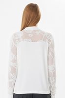 Elegante Blusa de Punto con Cuello Alto para Mujer - Blusa de Tricot Blanca con Patrón de Rosas y Encaje, Manga Larga, Estilo Chic