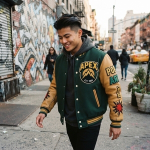 Chaqueta Letterman Personalizada de Lana Verde Oscuro con Mangas de Cuero Color Bronceado, Parche Bordado, Estilo Universitario, Ropa de Calle - Product Image 3