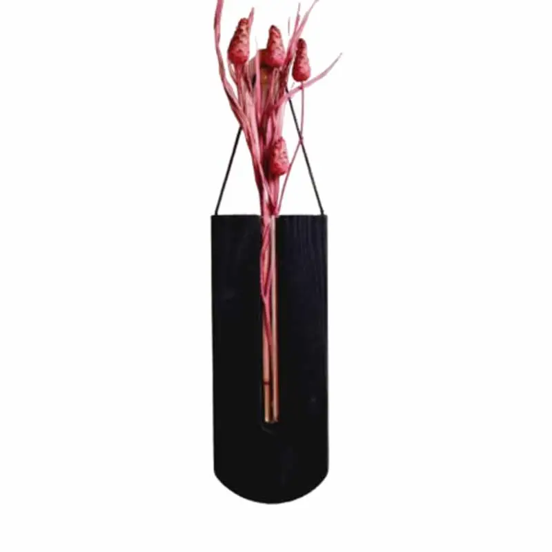 Modern Vintage Wall Hanging Vase Wooden Black Colour Hydroponic Wall Mounted Plant Hangers Transparent Glass Tube Flower Pots