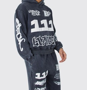 Chándal de algodón con estampado de logotipo personalizado de peso pesado, conjunto de sudaderas con capucha y pantalones de chándal de 500gsm para hombre, venta al por mayor - Product Image 5