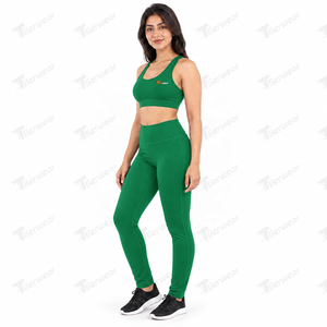 Women Yoga Set Green 2 Piece Seamless High Waist Leggings and <b>Racerback</b> Sports <b>Bra</b> Full Length Solid Color Performance Wear - Product Image 2