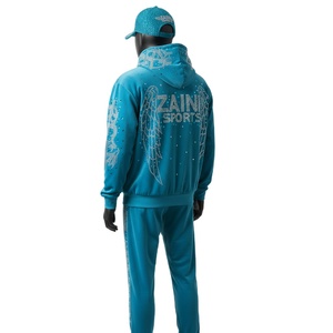 Ensemble de survêtement pour homme en tissu polaire polyester élasthanne haute densité 300 GSM, couleur sarcelle, avec capuche, logo cristal thermocollé, grandes tailles - Product Image 5