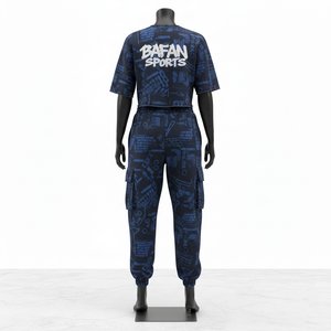 ชุดเซ็ตเสื้อครอปและกางเกงขายาวผ้าฟลีซคอตตอนโพลีเอสเตอร์เนื้อหนัก 280 GSM สีน้ำเงินกรมท่า สำหรับผู้หญิง พร้อมสกรีนโลโก้ตามสั่ง - Product Image 2