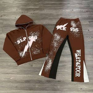 Ensemble de jogging pour homme en coton avec impression de logo personnalisé, impression en relief, fermeture éclair, pantalon de survêtement évasé et sweat-shirt, ensemble de jogging 2 pièces pour homme - Product Image 3