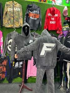 Ensemble de survêtement personnalisé pour hommes, poids lourd, vintage, délavé à l'acide, grande taille, sweat-shirt uni, pantalon de survêtement à capuche brodé de strass - Product Image 3