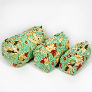 กระเป๋าซิปผ้าฝ้ายบุผ้าสไตล์วินเทจสีเขียวมิ้นท์โอเรียนทอลพิมพ์ลายนกระเบียกสำหรับจัดเก็บเครื่องสำอาง - Product Image 3