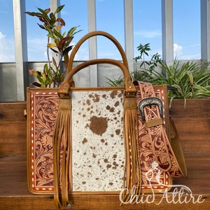 กระเป๋าโท้ทหนังลายดอกไม้สำหรับผู้หญิง, กระเป๋าหนังแท้แบบมีสายคาดตัวกระเป๋าถือหนังวัว - Product Image 1