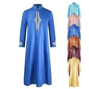 带侧口袋的Thobe穆斯林男士伊斯兰thobe丝绸纯色thobe设计Daffah连衣裙沙特时尚刺绣胸部