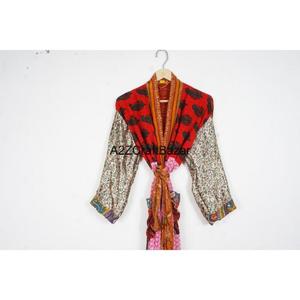 Robe d'été bohème en patchwork, 100% soie, respirante, douce, faite à la main, pour femmes, manches trois quarts, col en V, fermeture décontractée - Product Image 2