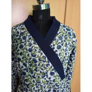 Vestido cruzado de algodón estampado a mano con estampado floral de doble sombra hermoso estilo - Product Image 1