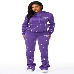 OEM 100% Cotton Print Cut Raw Hem Edge Hoodie Embroidery <b>Pant</b> Men Tracksuit Heavyweight Stacked Flared <b>Women</b> Two Pieces Jogger - Product Image 5