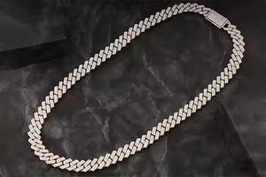 Moissanite Prong Miami Link Chain <b>Necklace</b> Two Tone 14k Yellow Gold Vermeil Over Solid 925 <b>Silver</b> Diamond Tester - Product Image 4