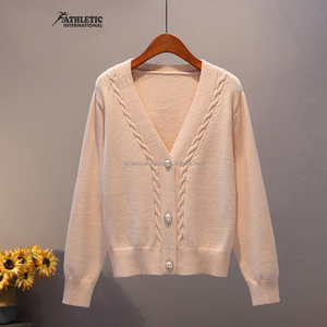 Vente en gros Pull-over décontracté à col en V en tricot acrylique pour femmes Conceptions personnalisées avec décorations à motif de rayures imprimées Printemps - Product Image 3