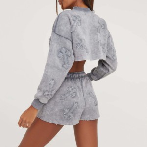 New Stylish Winter Solid Custom Logo 100% Cotton Women's Tracksuit Crop <b>Top</b> Sweatshirt Jogging Set - Product Image 6