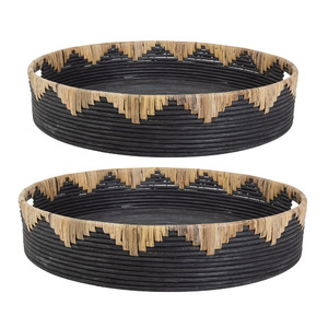 Set of 3 for Hotels and Restaurants <b>Tray</b> Decorating Rounded Shape Decorative Rattan Wooden <b>Serving</b> <b>Tray</b> with <b>Black</b> Finish - Product Image 1