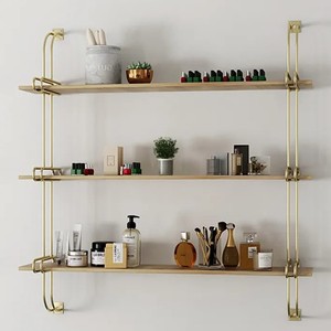 Estante de pared flotante de hierro chapado en oro de 3 niveles, estante de madera para sala de estar, decoración de pared de dibujo - Product Image 2