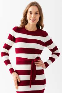 Women Knitwear Crew Neck <b>Dress</b> Long Sleeve Flexible Striped <b>Warm</b> Belt Detail High Quality <b>Winter</b> New Fashion OEM Services - Product Image 4