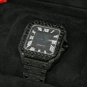 Lujoso reloj analógico con banda de acero inoxidable, esfera blanca con números Ronam, Diamante de moissanita negro completamente helado - Product Image 2