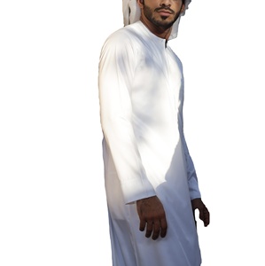 Túnica Árabe para Hombre, Thobe Jubbah de Algodón, Cuello Medio Alto, Ropa Islámica, Thobe Árabe, Estilo Dubai Abaya Kaftan, Teñido en Blanco - Product Image 4
