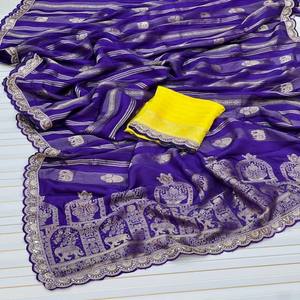 Sari de Georgette de Seda Viscosa Pura VASTRA COTTAGE con Tejido Zari en el Cuerpo, Borde de Lentejuelas Zari Pallu con Blusa a Contraste - Product Image 2