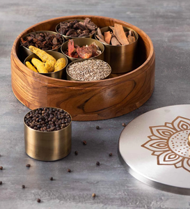 Masala <b>Box</b> For Kitchen <b>Spice</b> <b>Box</b> Storage/Organizers Petti For Kitchen Wooden Stainless Steel Masala <b>Box</b> with 7 Jars Container - Product Image 2