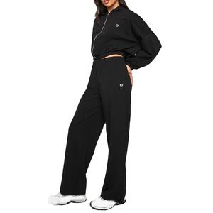 Ensemble 2 pièces pour femmes, veste courte zippée et pantalon large, tissu tissé léger, logo personnalisé, OEM ODM, vente en gros - Product Image 1