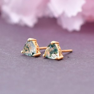 Boucles d'oreilles en agate mousse Trillion, argent sterling 925, plaqué or 14 carats, bijoux élégants en pierres précieuses pour femmes - Product Image 3