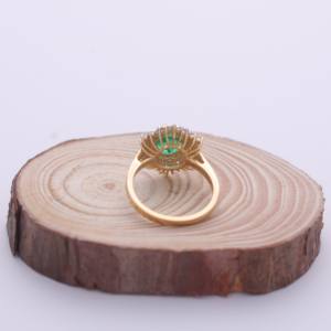 IGI Certified Round Cut Emerald Sunburst Halo Diamond Ring in 9K Yellow / White & Rose Gold - Product Image 3