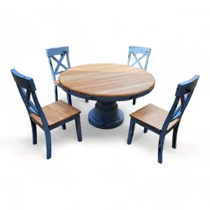 Juego de comedor moderno de 4 plazas con patas de pedestal de tambor de madera de teca, juego de mesas y sillas de comedor de madera antigua envejecida - Product Image 1