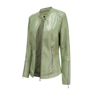 Vestes motard à la mode pour femmes en cuir vert Design Slim Fit avec fermeture à glissière col montant Poches élégantes et look moderne - Product Image 3
