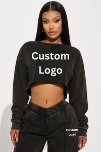 Ensemble short à capuche en détresse avec lavage à l'acide personnalisé pour femmes Survêtement vintage de couleur pure avec short évasé pour la saison d'automne - Product Image 5