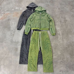 Manufacturers Custom Casual Solid Sun Faded Embossing Full Print Acid Wash Vintage Drawstring Cropped Tracksuit <b>Hoodies</b> - Product Image 4