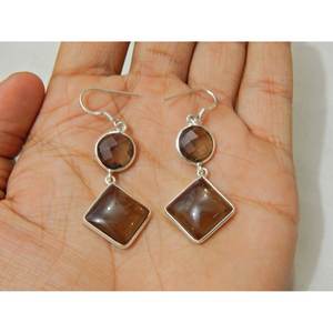 Pendiente de piedras preciosas de cuarzo ahumado hecho a mano, Plata de Ley 925, corte elegante, regalo de boda, E0042-GS - Product Image 4