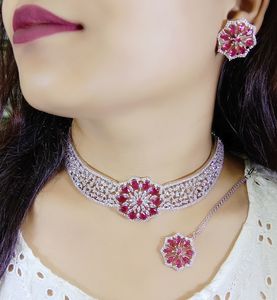 Multi Colour AD Leaf Design Set With <b>Matching</b> Earring AD <b>Necklace</b> Set Elegant for Weddings Engagements Anniversaries - Product Image 1