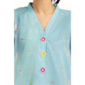 IUSTKSD-1244 Ensemble décontracté 3 pièces pour femme en jacquard brodé respirant pour le printemps/été, haut à manches trois quarts - Product Image 2