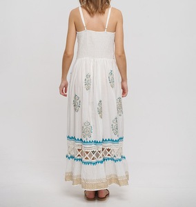 DESIGNER LONG SLEEVELESS WHITE DRESS <b>GOLD</b>/BLUE DETAILS V NECK <b>BUTTON</b> DECORATION WAIST ONE SIZE 100% Organic Cotton Eco-Friendly - Product Image 4