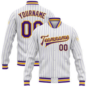 Chaqueta Varsity Personalizada con Franjas, Nombre del Equipo y Número, Detalles en Amarillo y Morado, Estilo Béisbol - Product Image 1