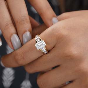IGI Certified Yellow Gold <b>Emerald</b> Cut Lab Grown Women's Engagement <b>Ring</b> with Baguette Diamond <b>Band</b> - Product Image 6